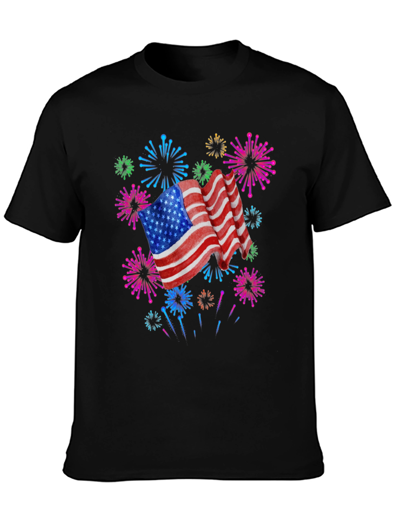 Patriotic American Flag Fireworks Black T-Shirt