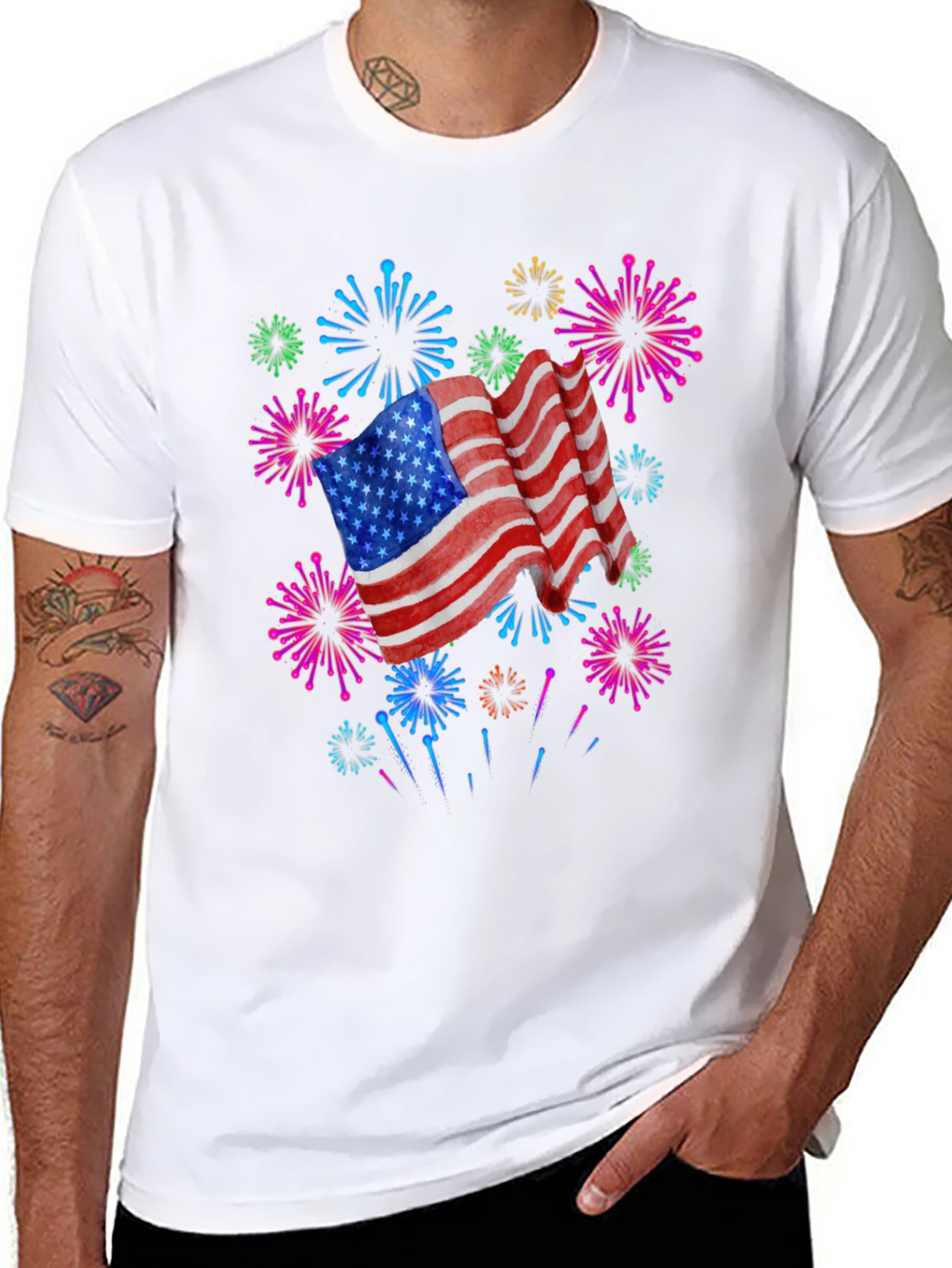 Patriotic American Flag Fireworks Black T-Shirt