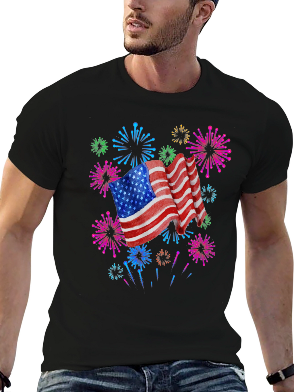 Patriotic American Flag Fireworks Black T-Shirt