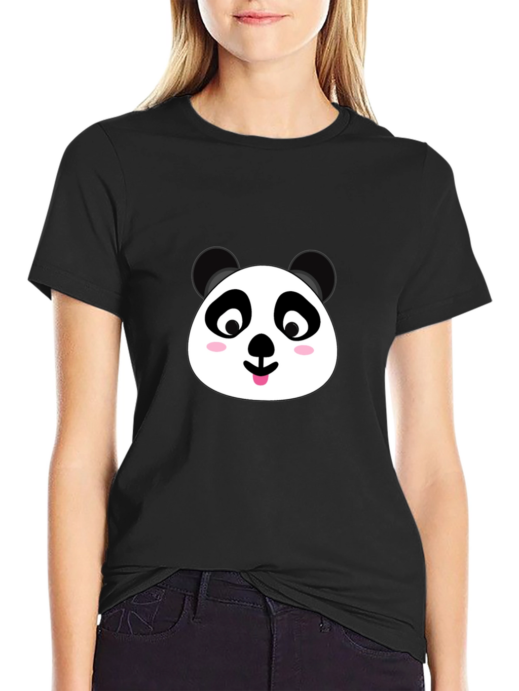 Cute Panda Face Graphic Black T-Shirt