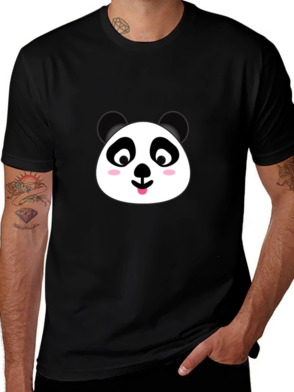 Cute Panda Face Graphic Black T-Shirt