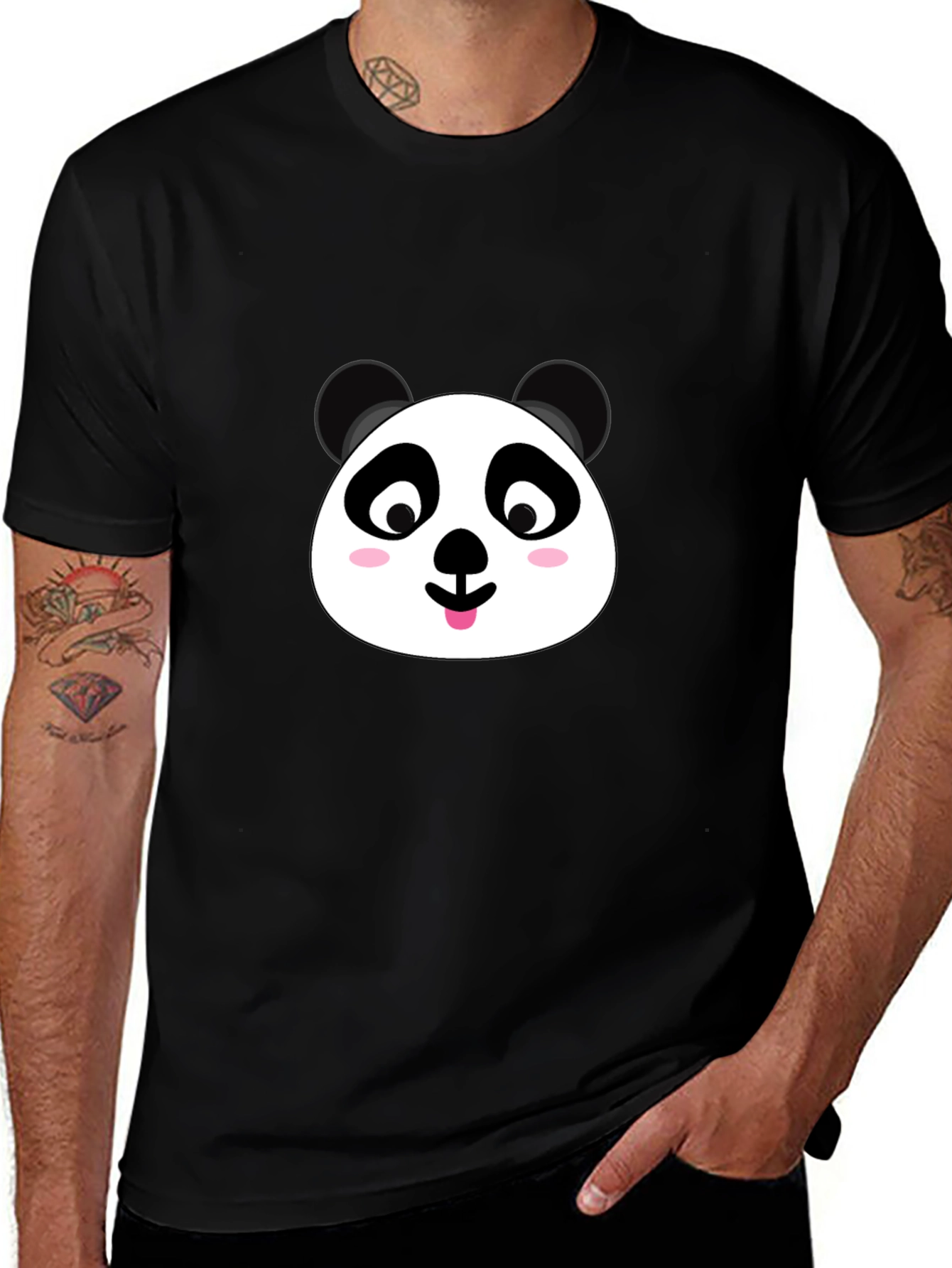 Cute Panda Face Graphic Black T-Shirt