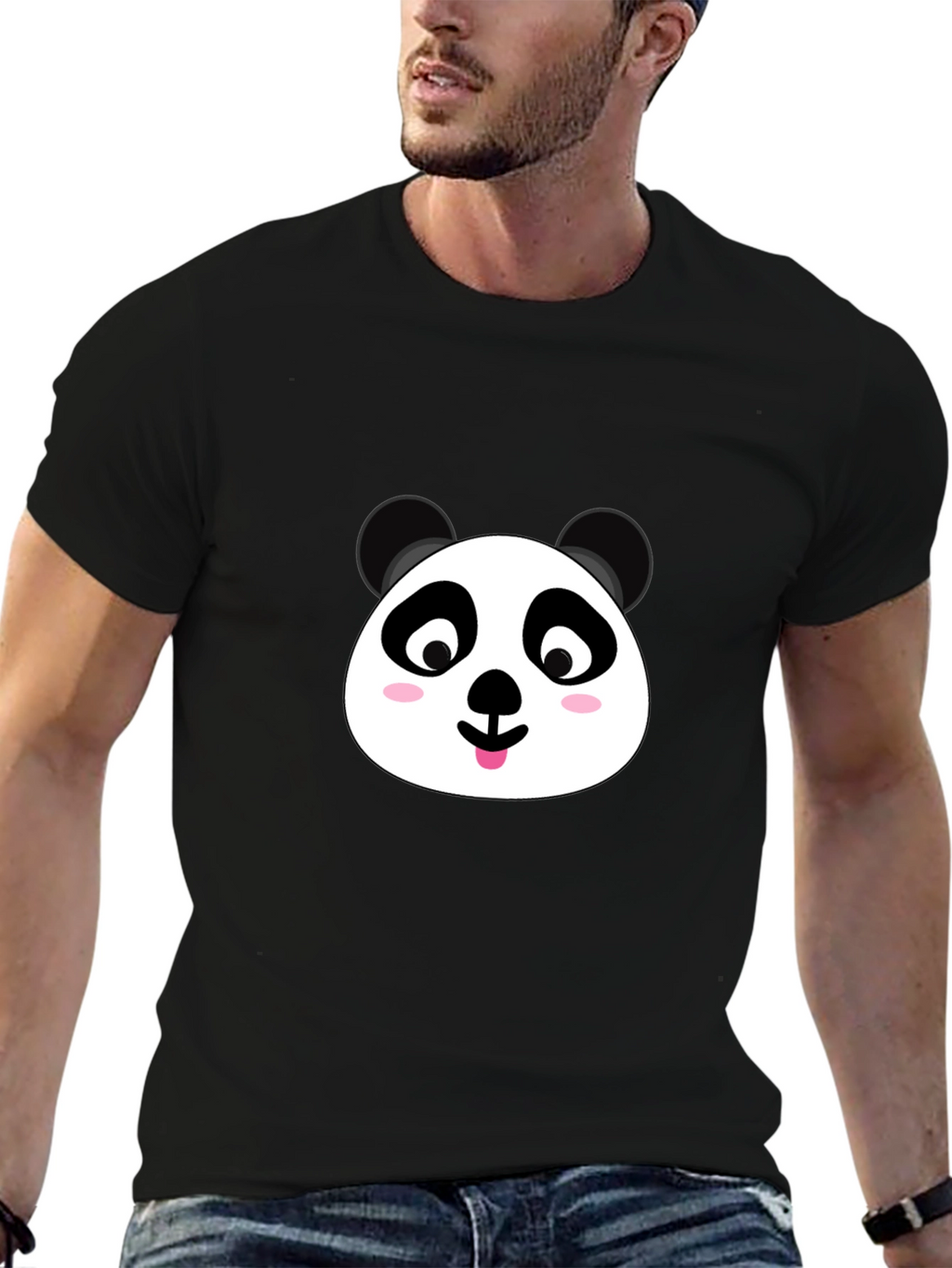 Cute Panda Face Graphic Black T-Shirt