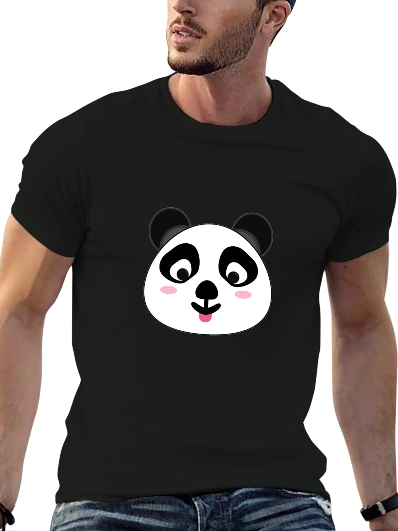 Cute Panda Face Graphic Black T-Shirt