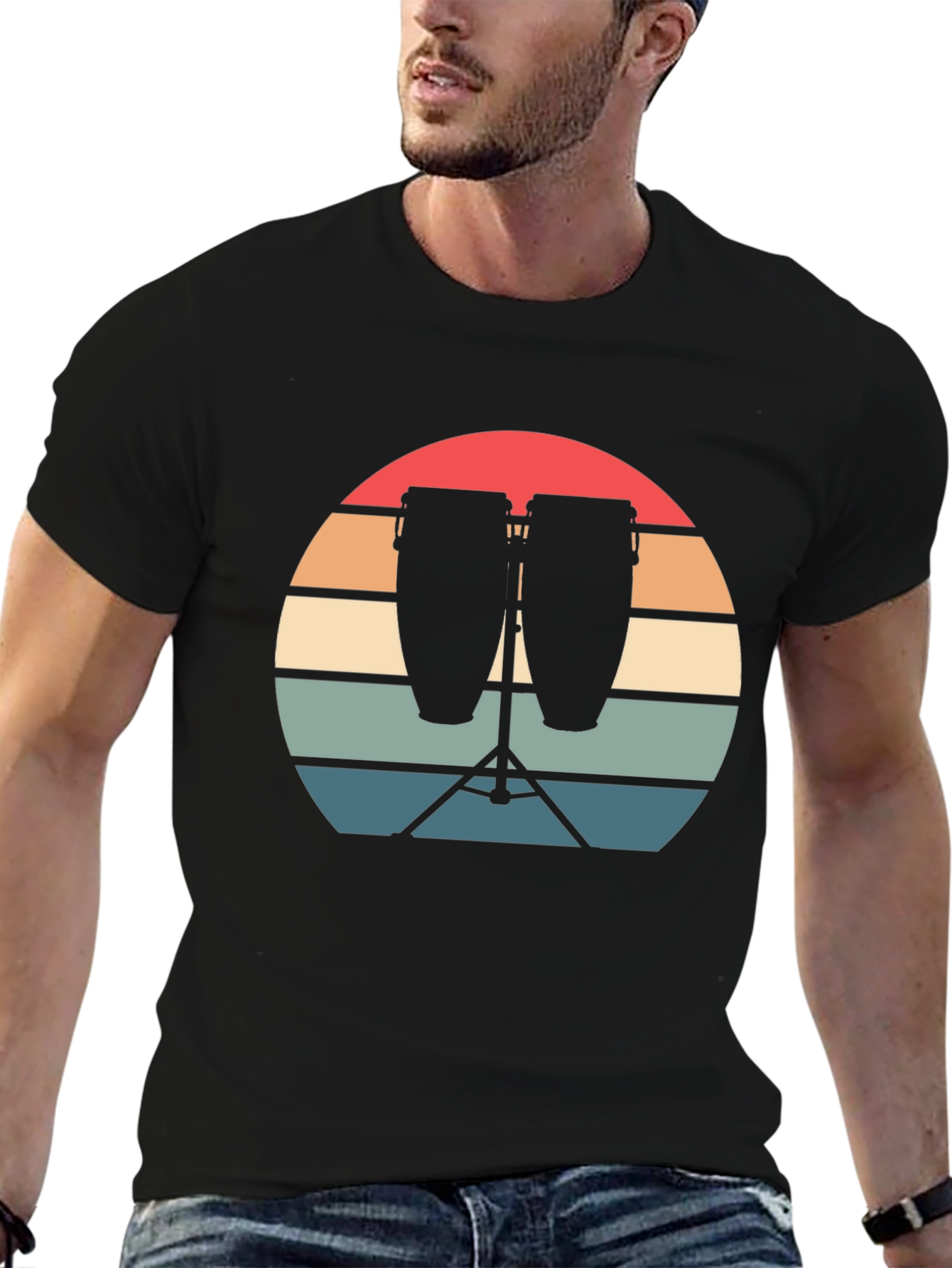 Retro Sunset Conga Drums Graphic Tee - Music Lover Shirt