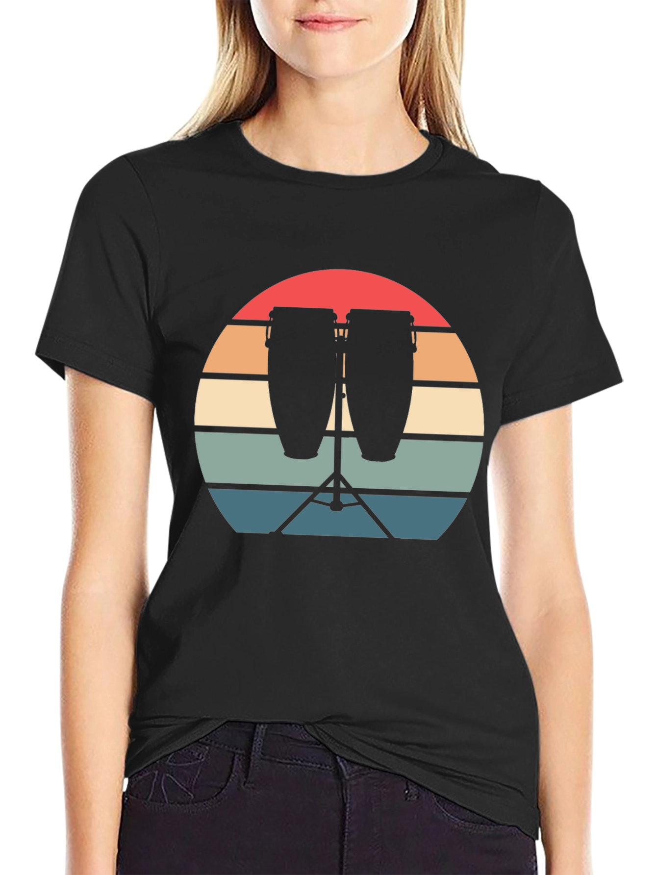 Retro Sunset Conga Drums Graphic Tee - Music Lover Shirt