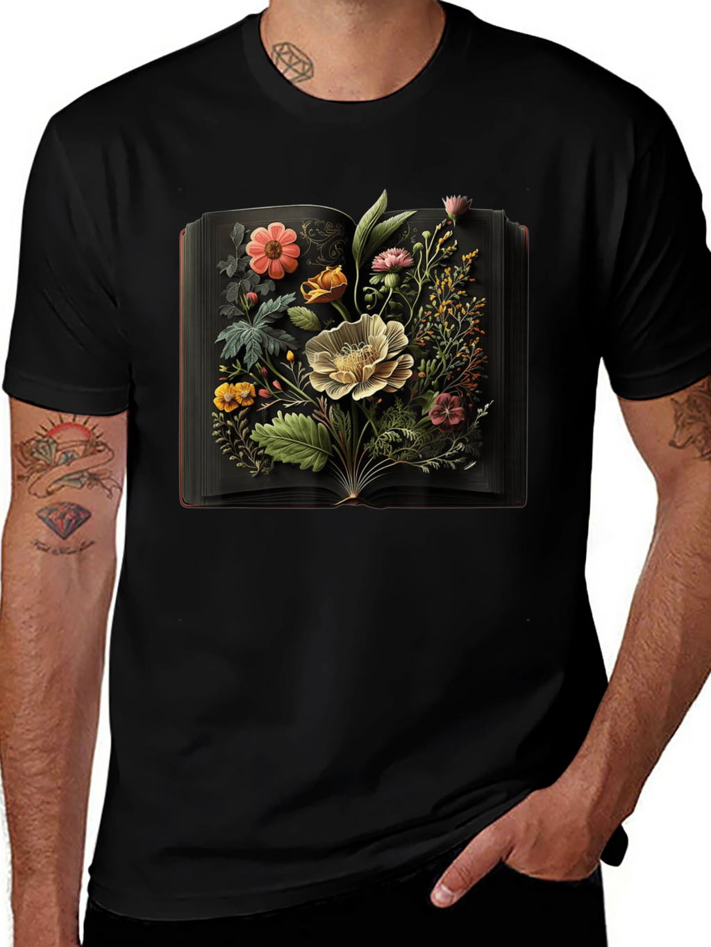Floral Book T-Shirt - Artistic Botanical Design