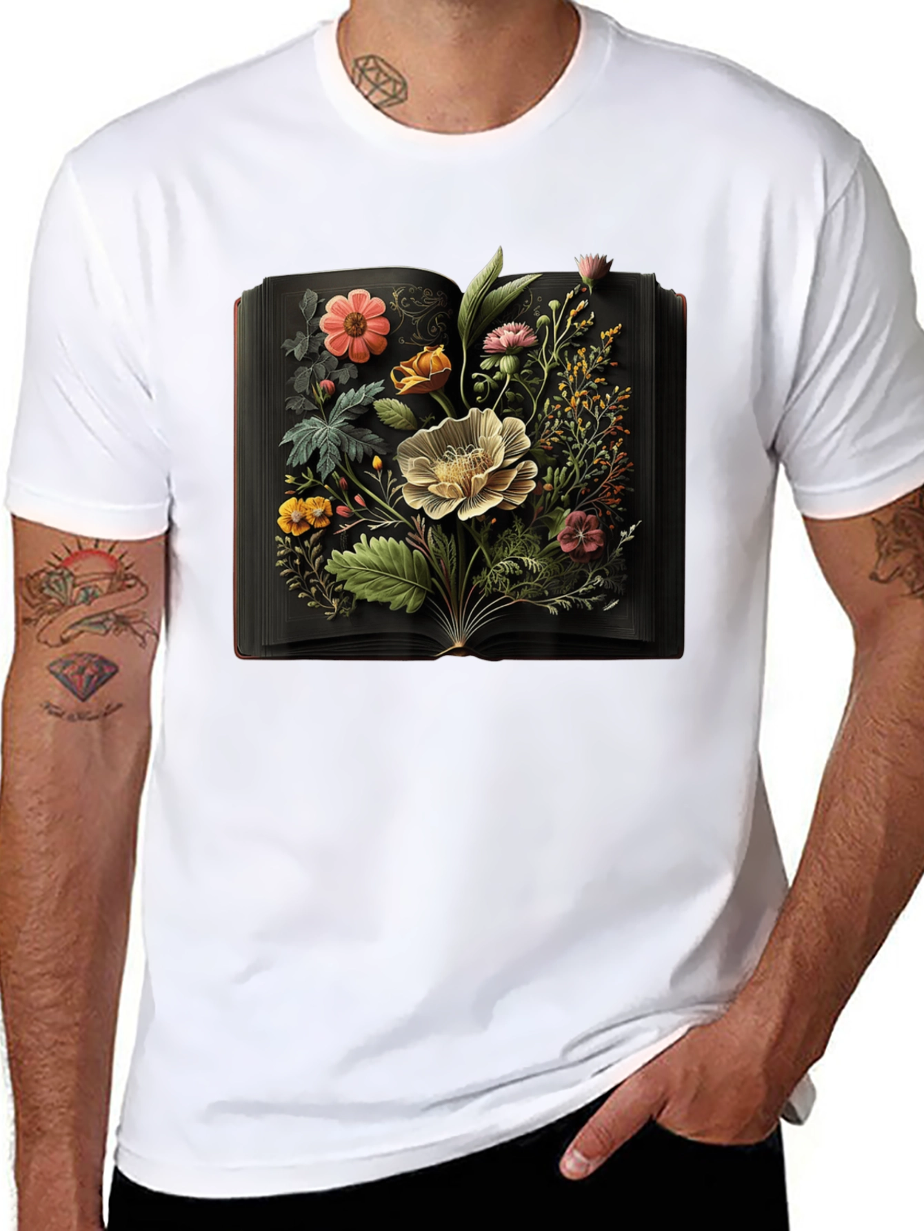 Floral Book T-Shirt - Artistic Botanical Design