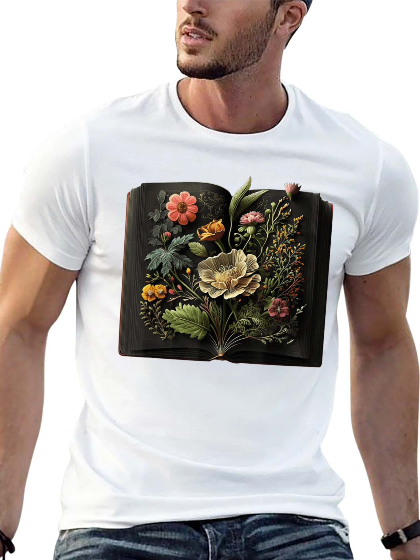 Floral Book T-Shirt - Artistic Botanical Design