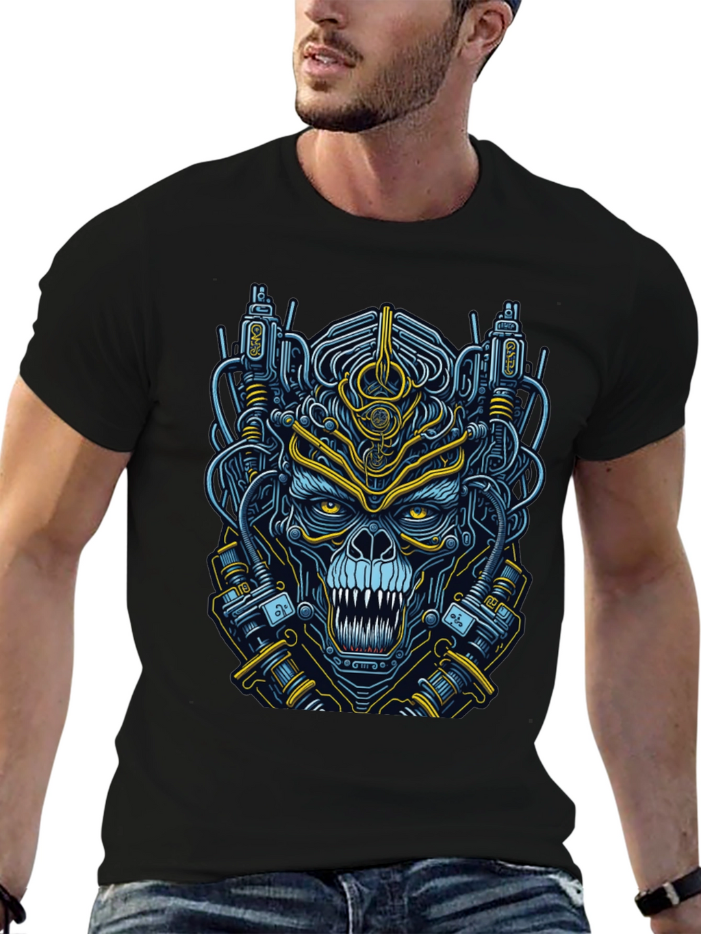 Cyberpunk Skull Graphic T-Shirt - Mens Black Tee