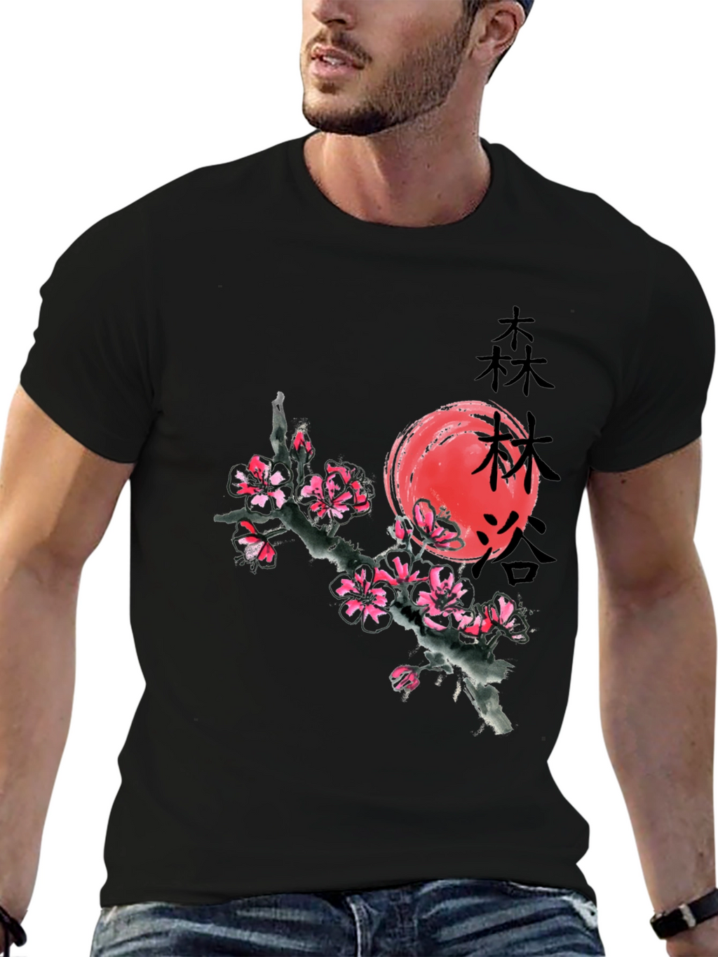 Black T-Shirt with Japanese Cherry Blossom Graphic