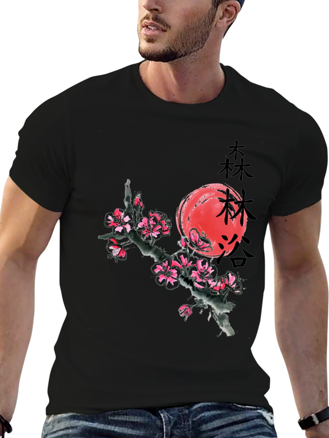 Black T-Shirt with Japanese Cherry Blossom Graphic