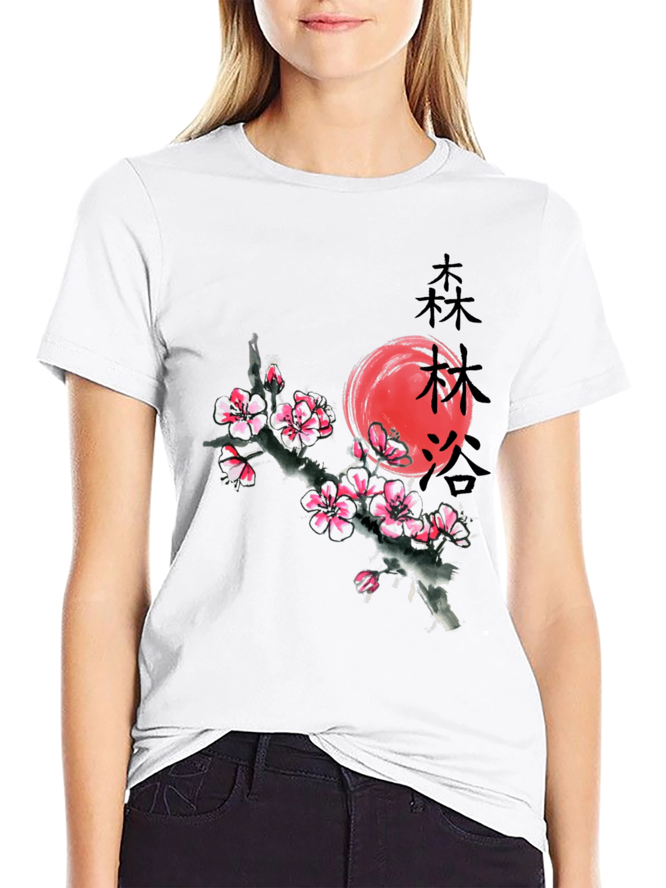 Black T-Shirt with Japanese Cherry Blossom Graphic