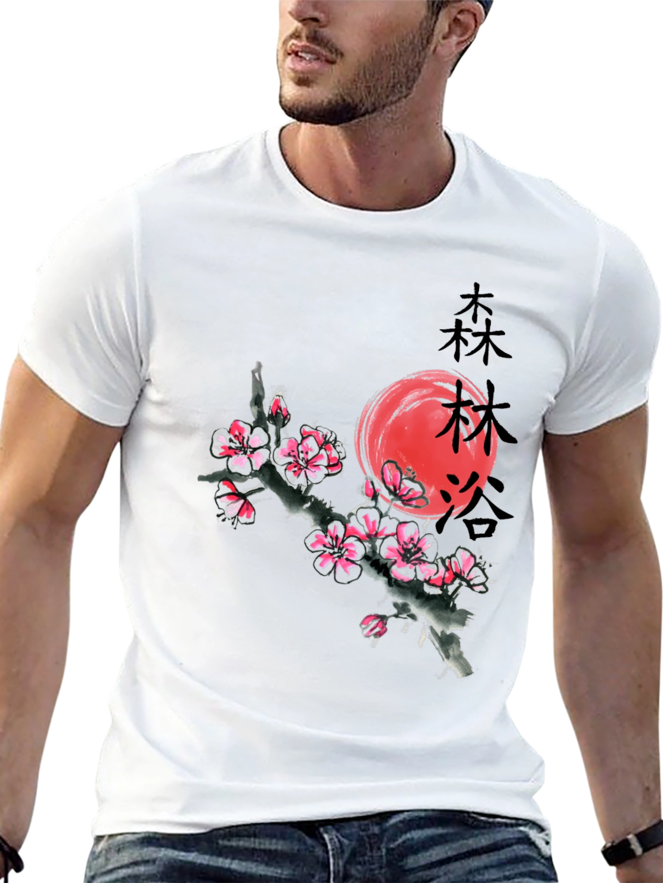 Black T-Shirt with Japanese Cherry Blossom Graphic