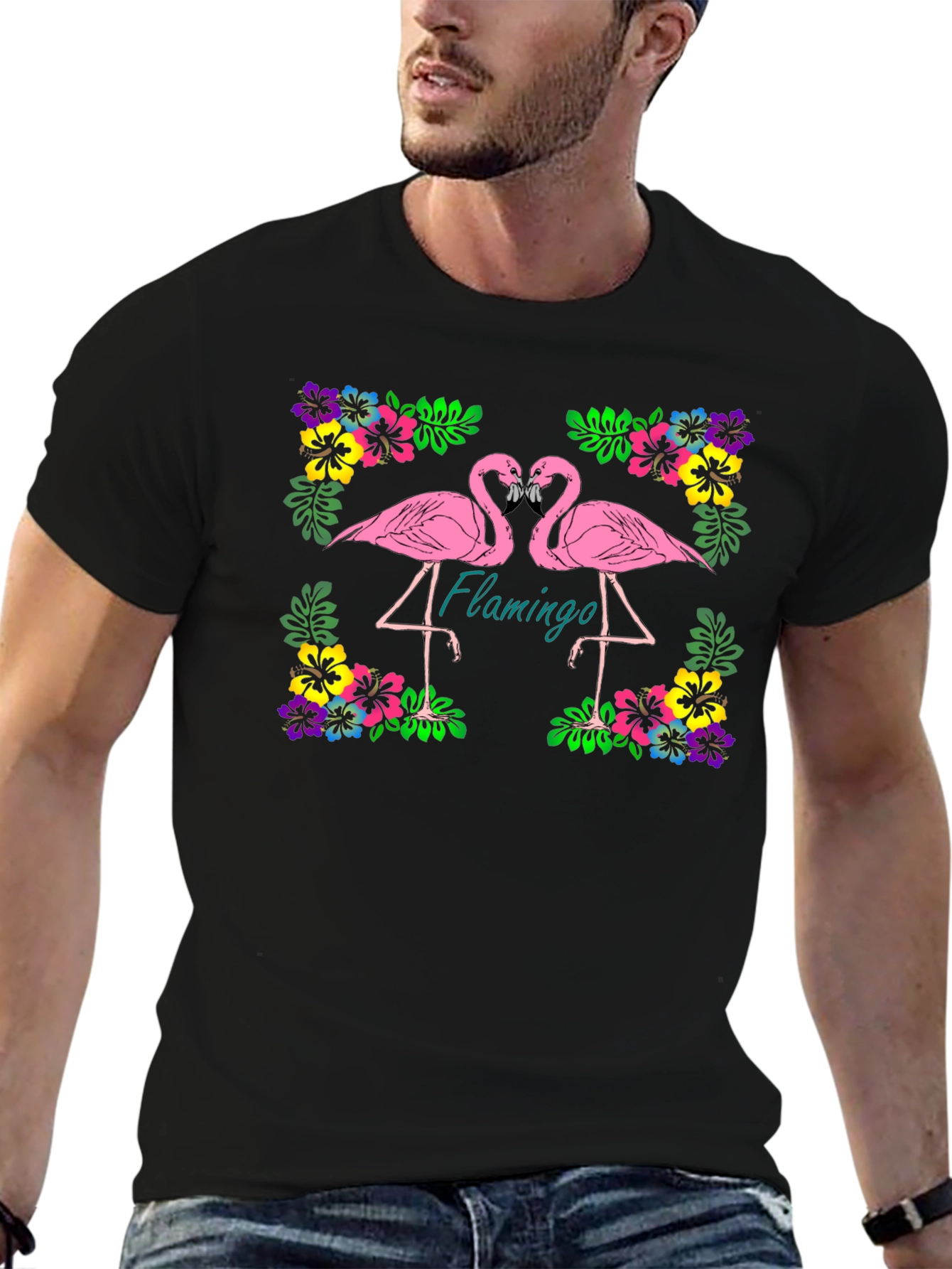 Flamingo Floral Graphic Black T-Shirt