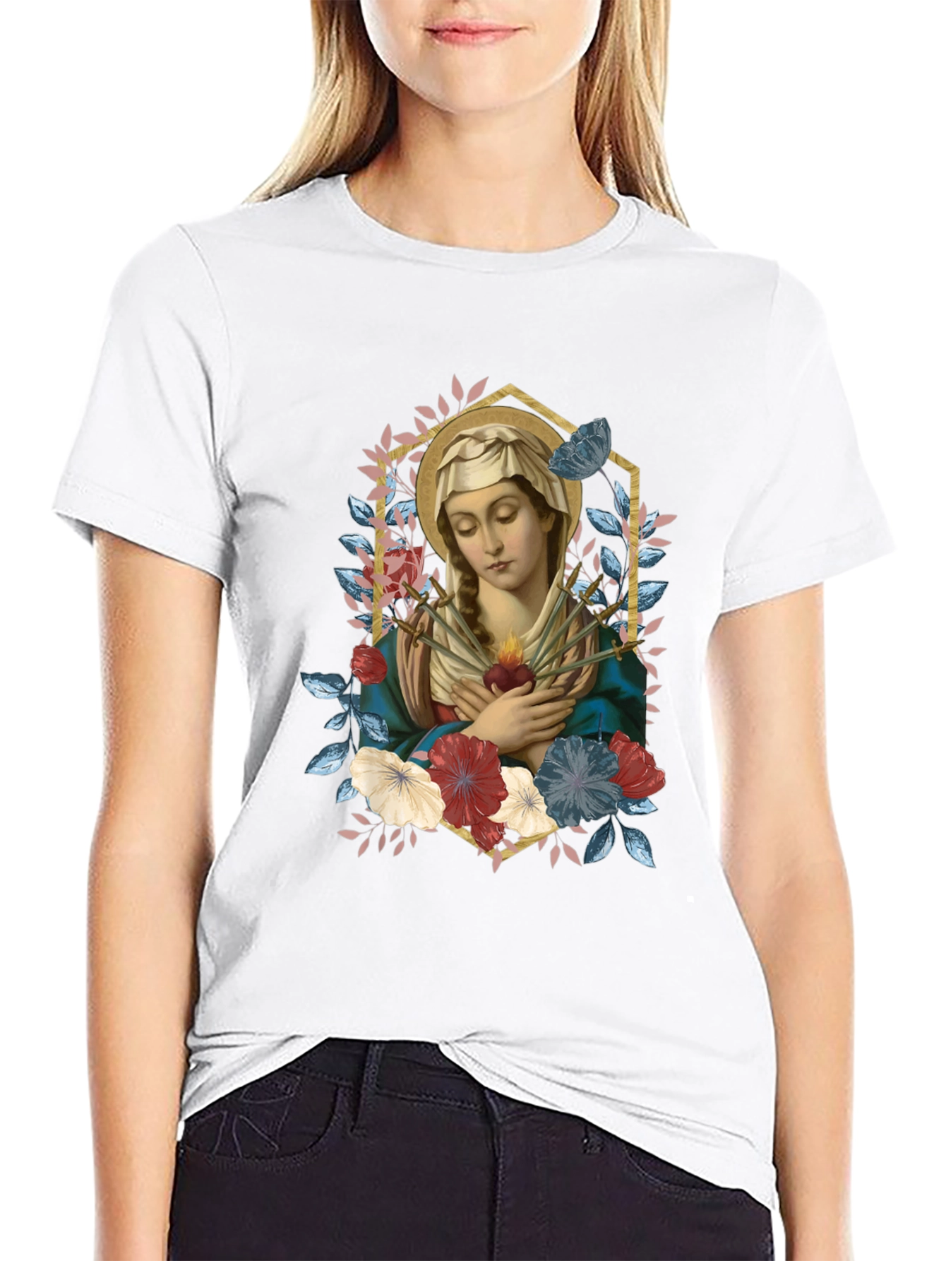 Virgin Mary Floral Graphic T-Shirt