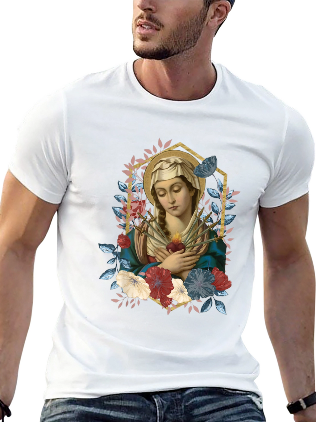 Virgin Mary Floral Graphic T-Shirt