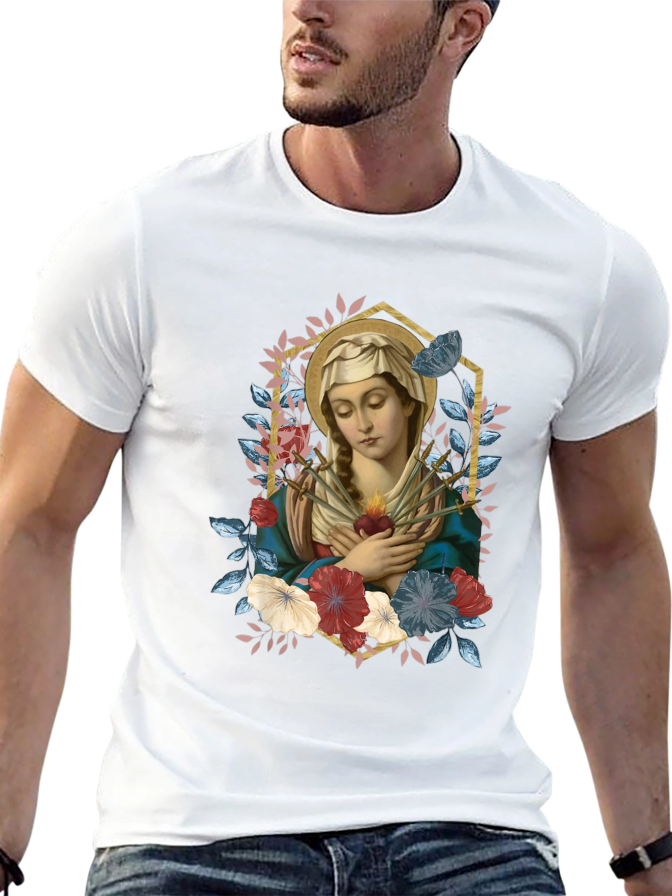 Virgin Mary Floral Graphic T-Shirt