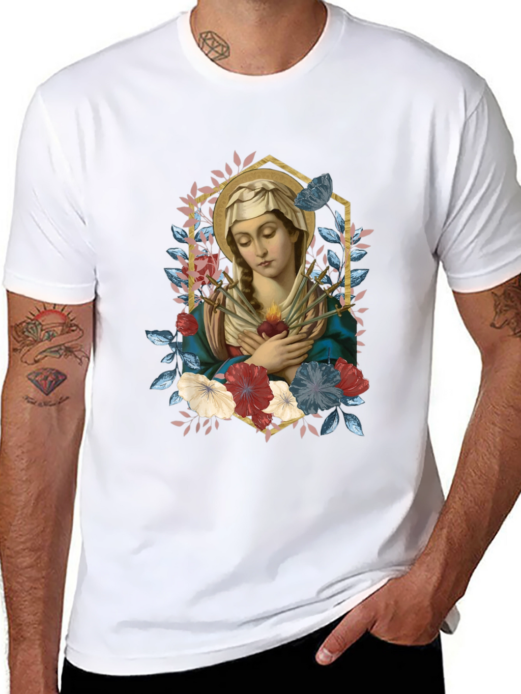 Virgin Mary Floral Graphic T-Shirt