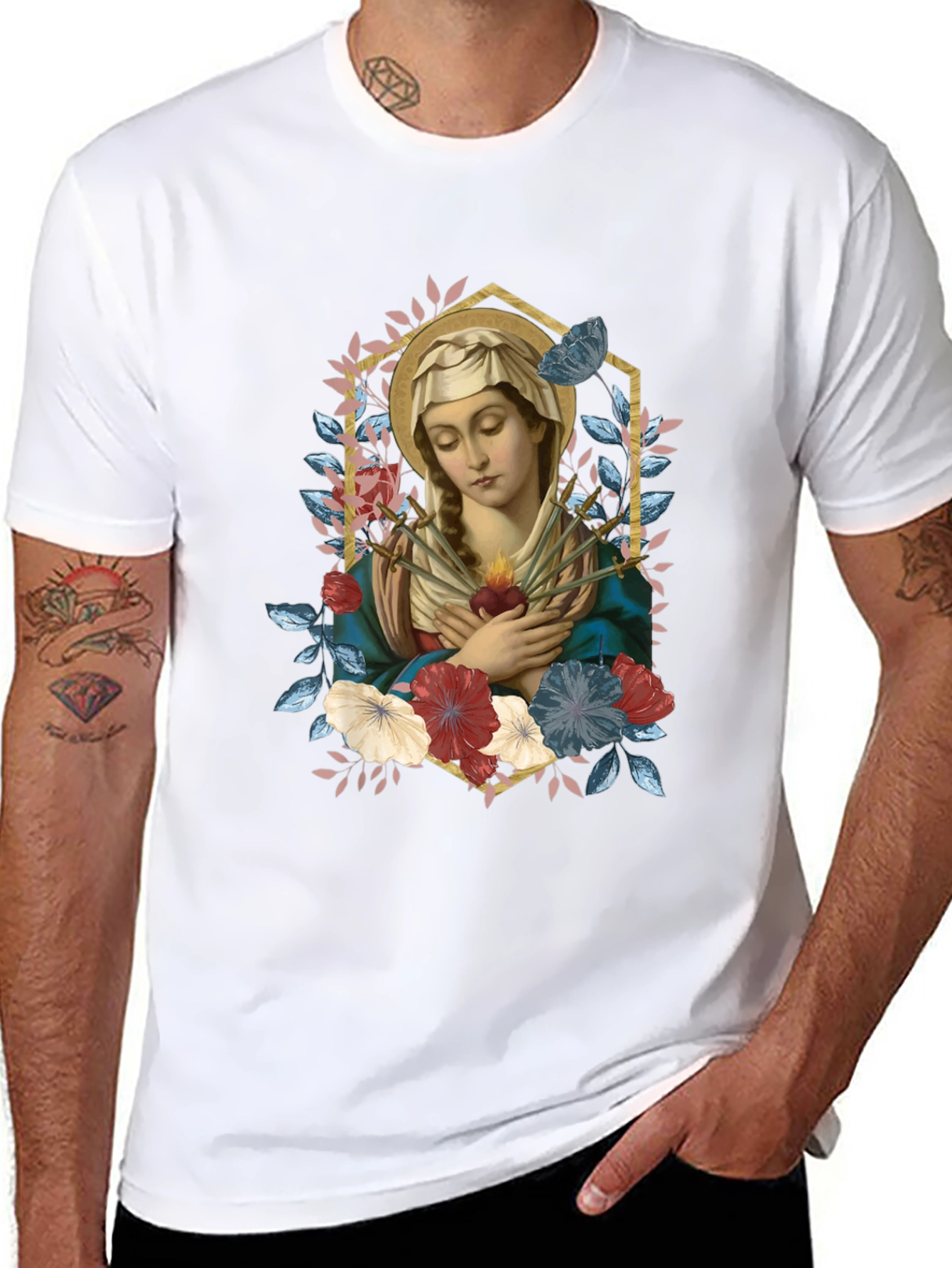 Virgin Mary Floral Graphic T-Shirt