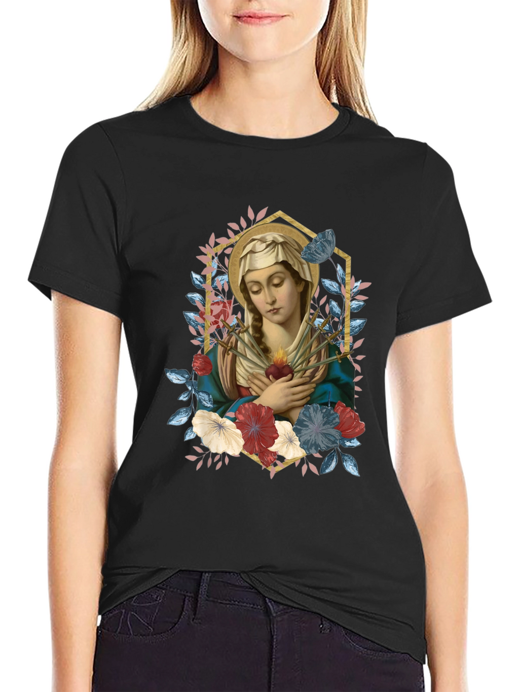 Virgin Mary Floral Graphic T-Shirt