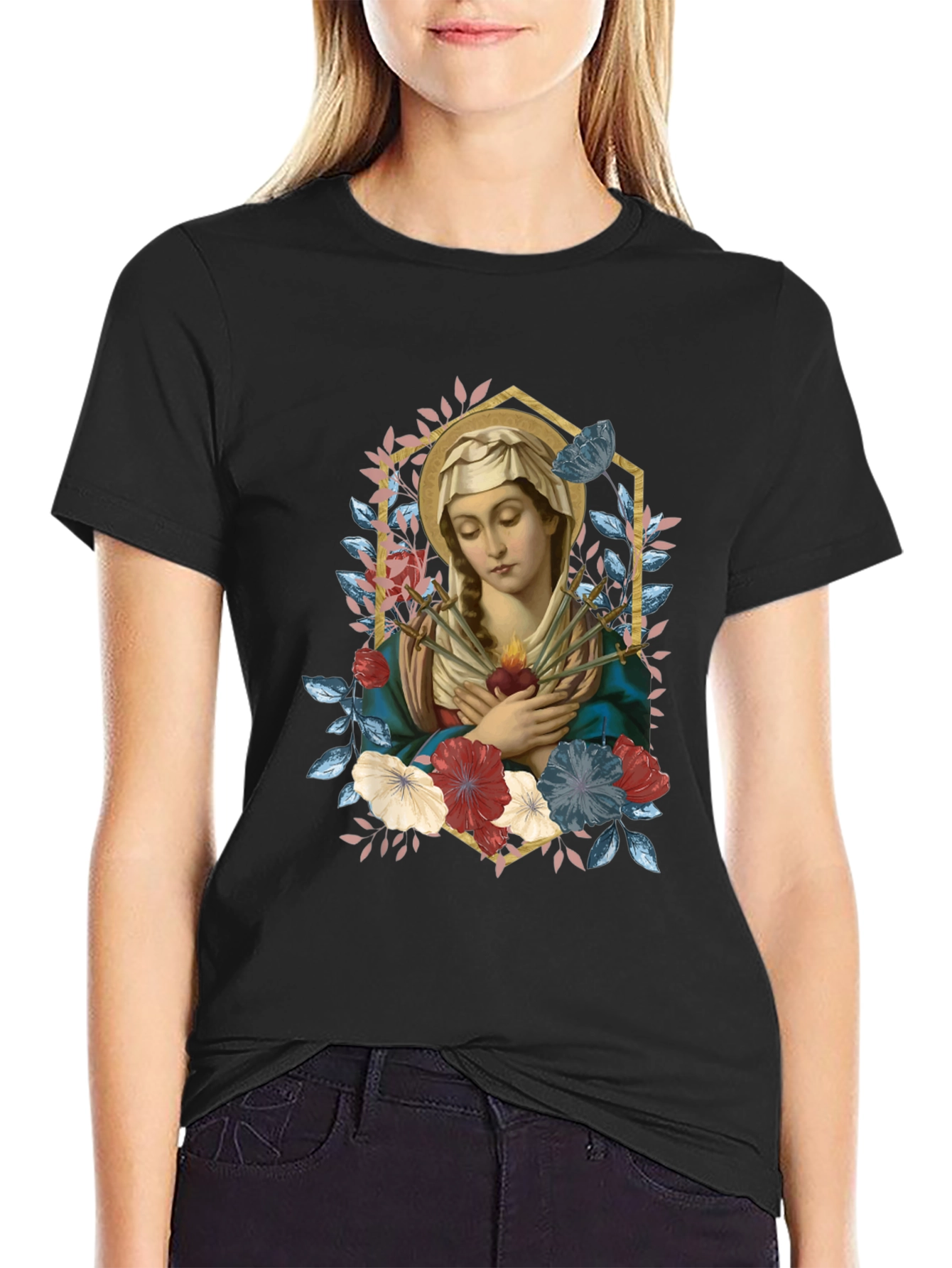 Virgin Mary Floral Graphic T-Shirt