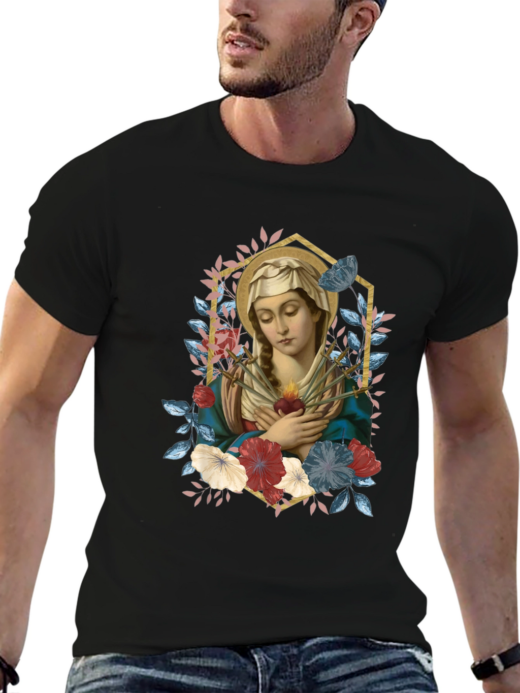 Virgin Mary Floral Graphic T-Shirt