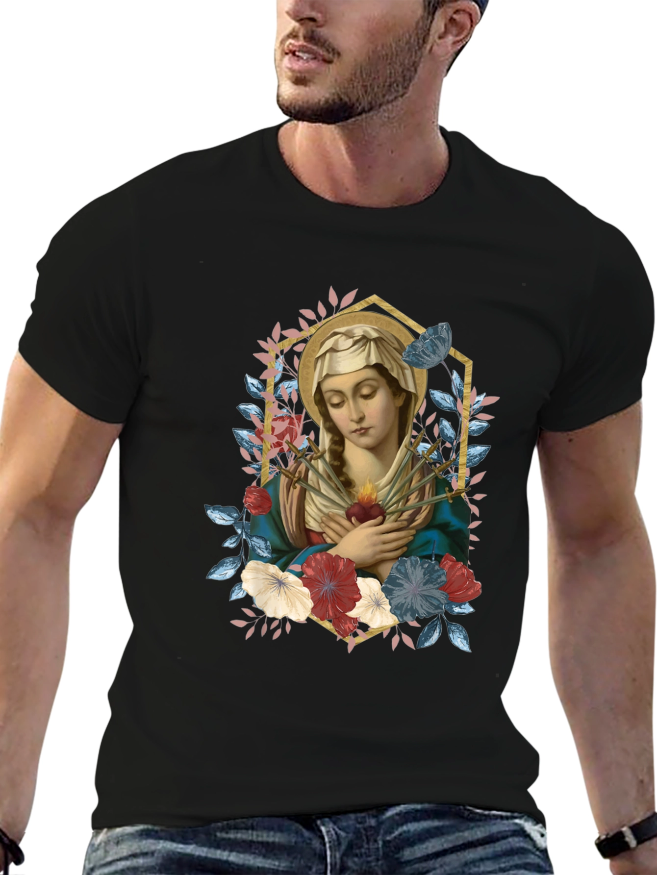 Virgin Mary Floral Graphic T-Shirt