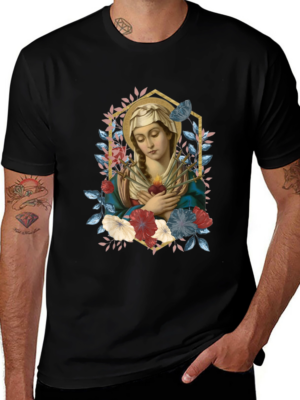 Virgin Mary Floral Graphic T-Shirt