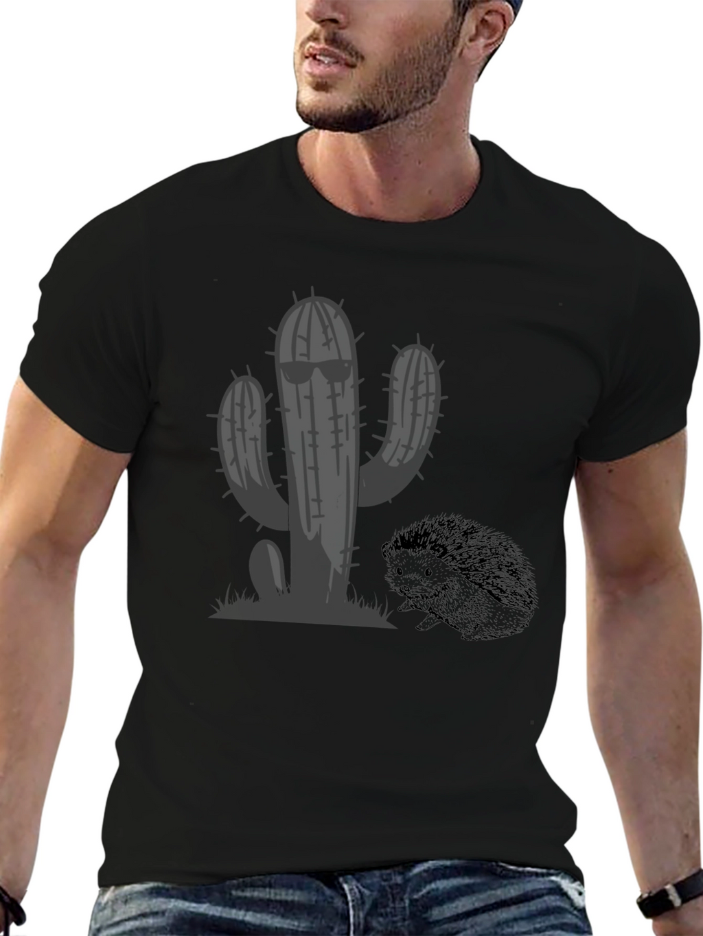 Cool Cactus & Hedgehog Black T-Shirt