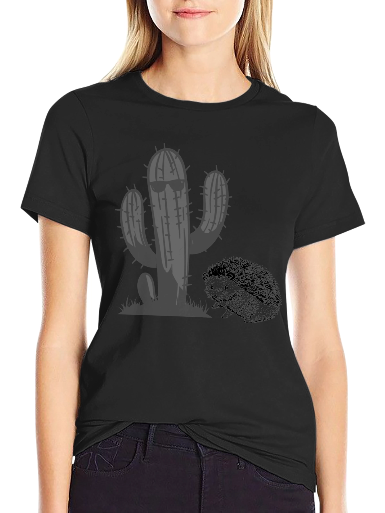 Cool Cactus & Hedgehog Black T-Shirt