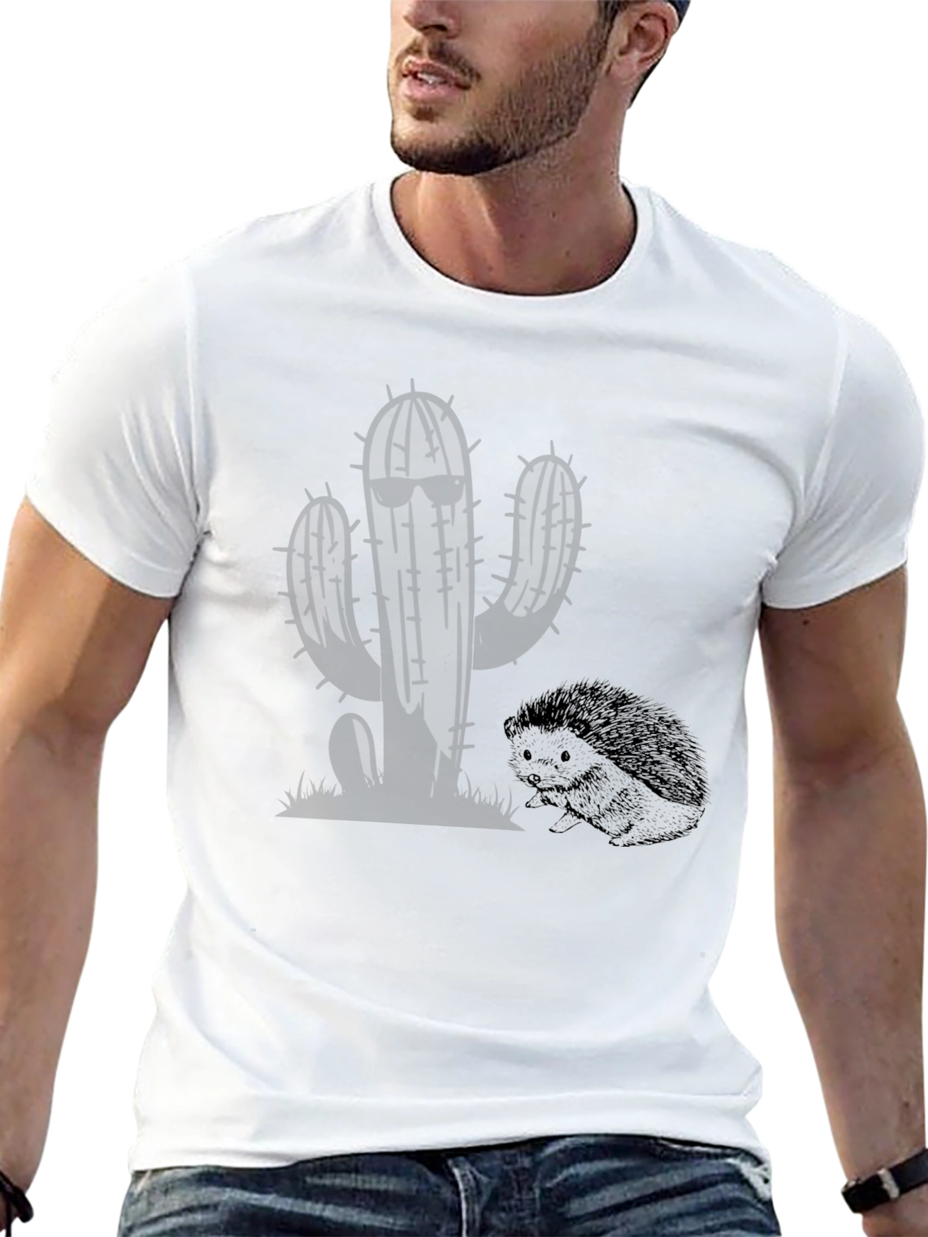 Cool Cactus & Hedgehog Black T-Shirt