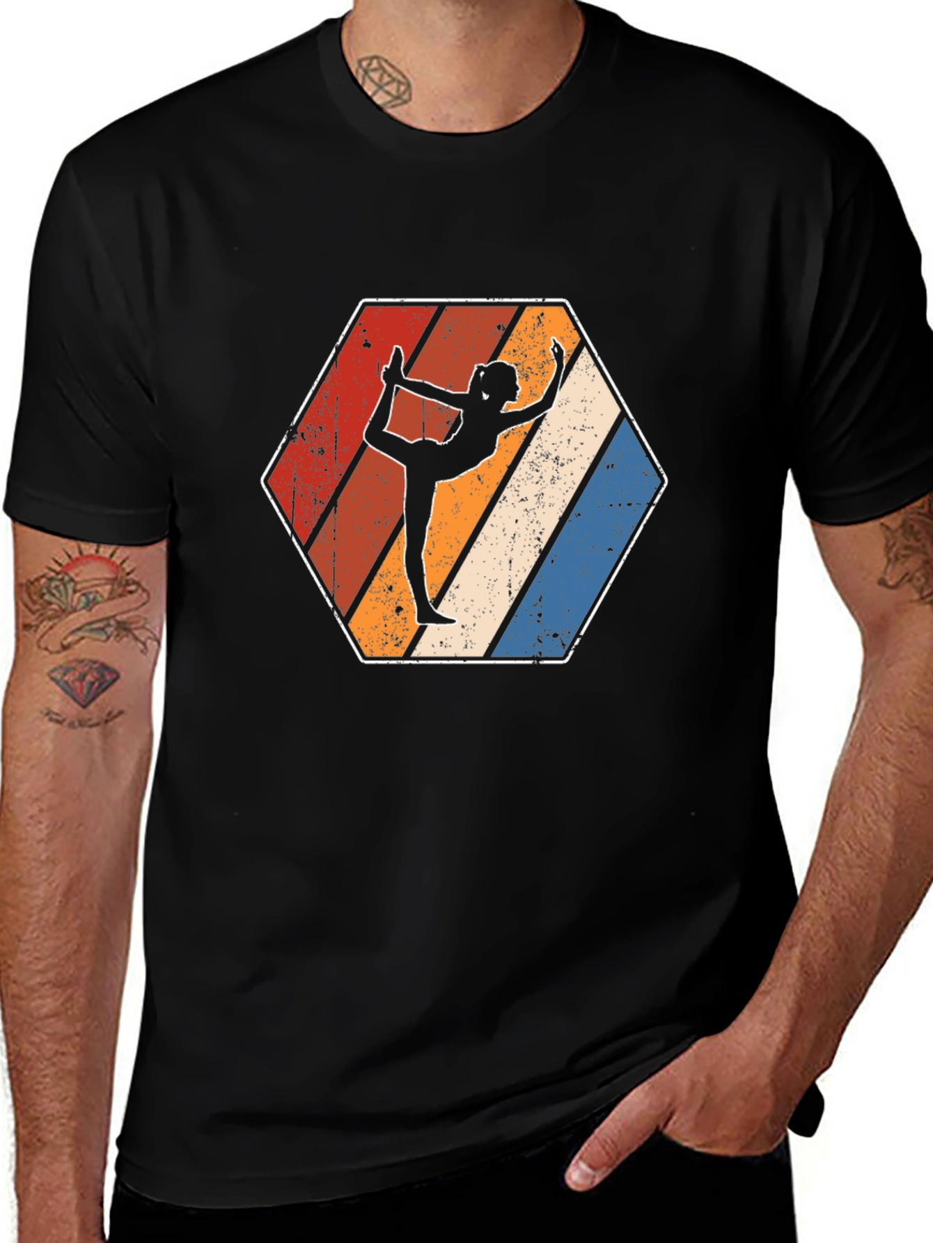 Yoga Retro T-Shirt Hexagon Design Black