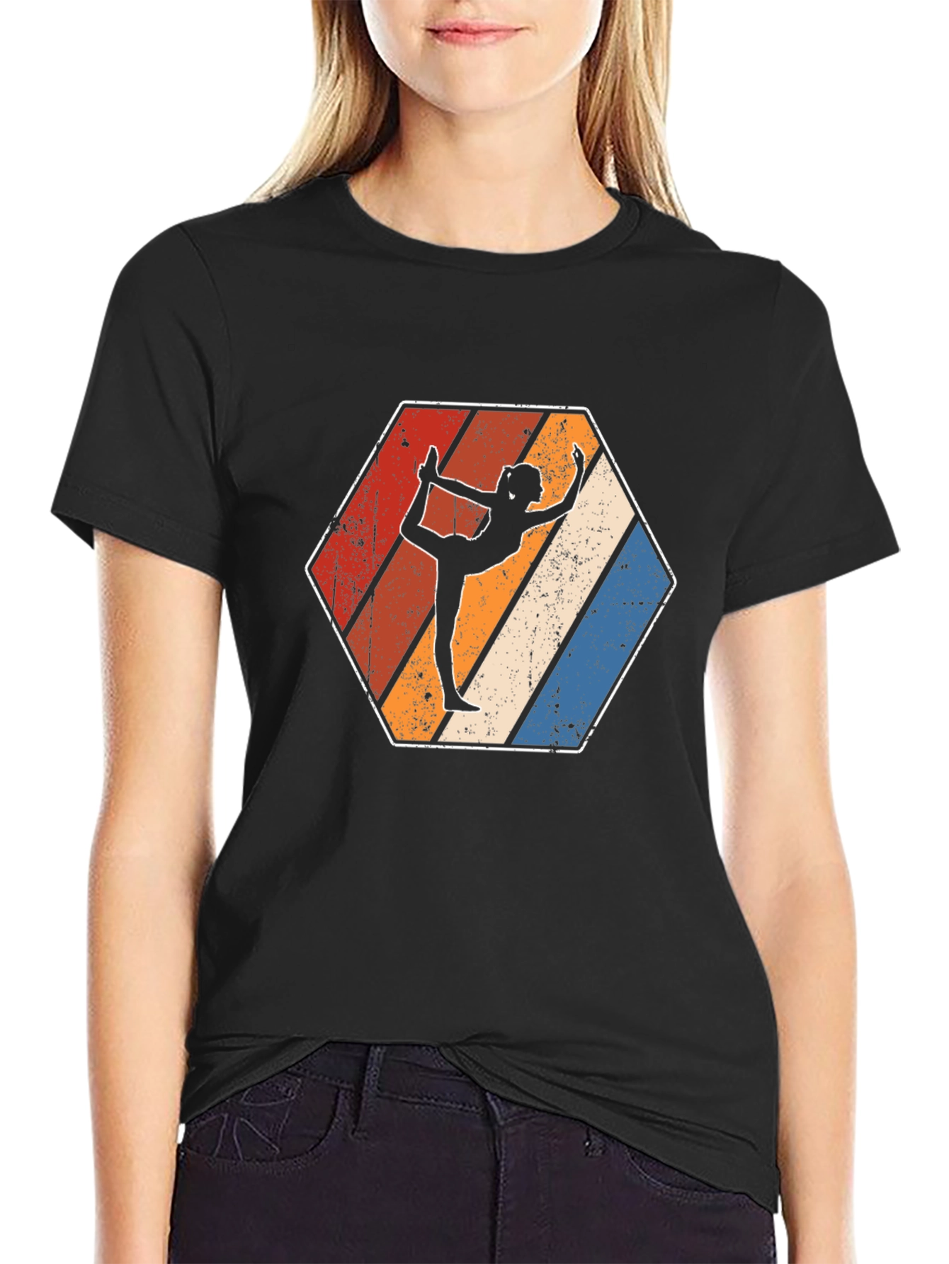 Yoga Retro T-Shirt Hexagon Design Black