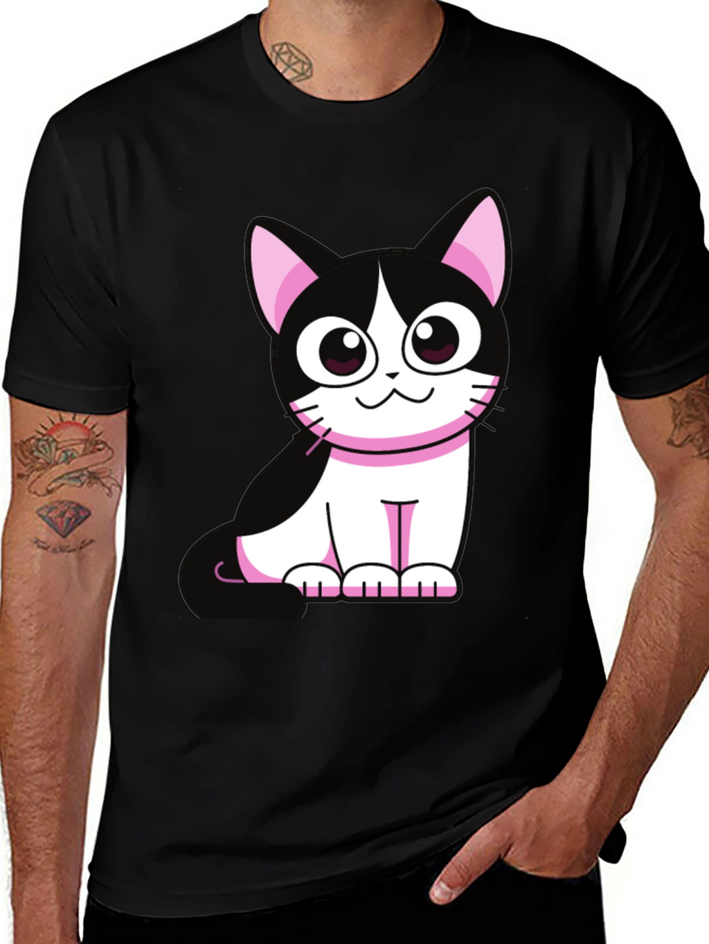 Cute Cartoon Cat Graphic Tee - Black