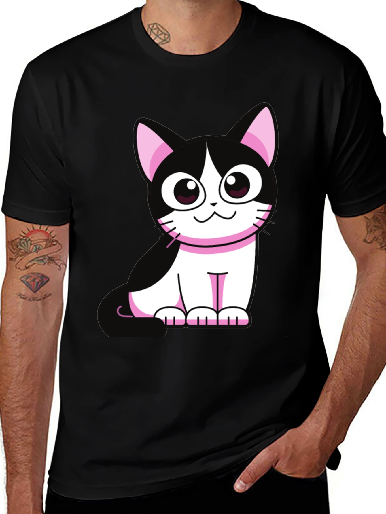 Cute Cartoon Cat Graphic Tee - Black