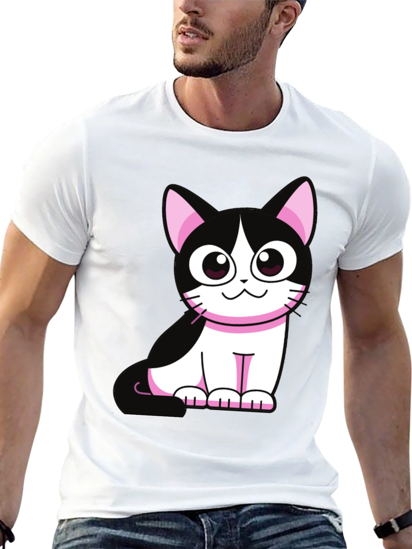 Cute Cartoon Cat Graphic Tee - Black