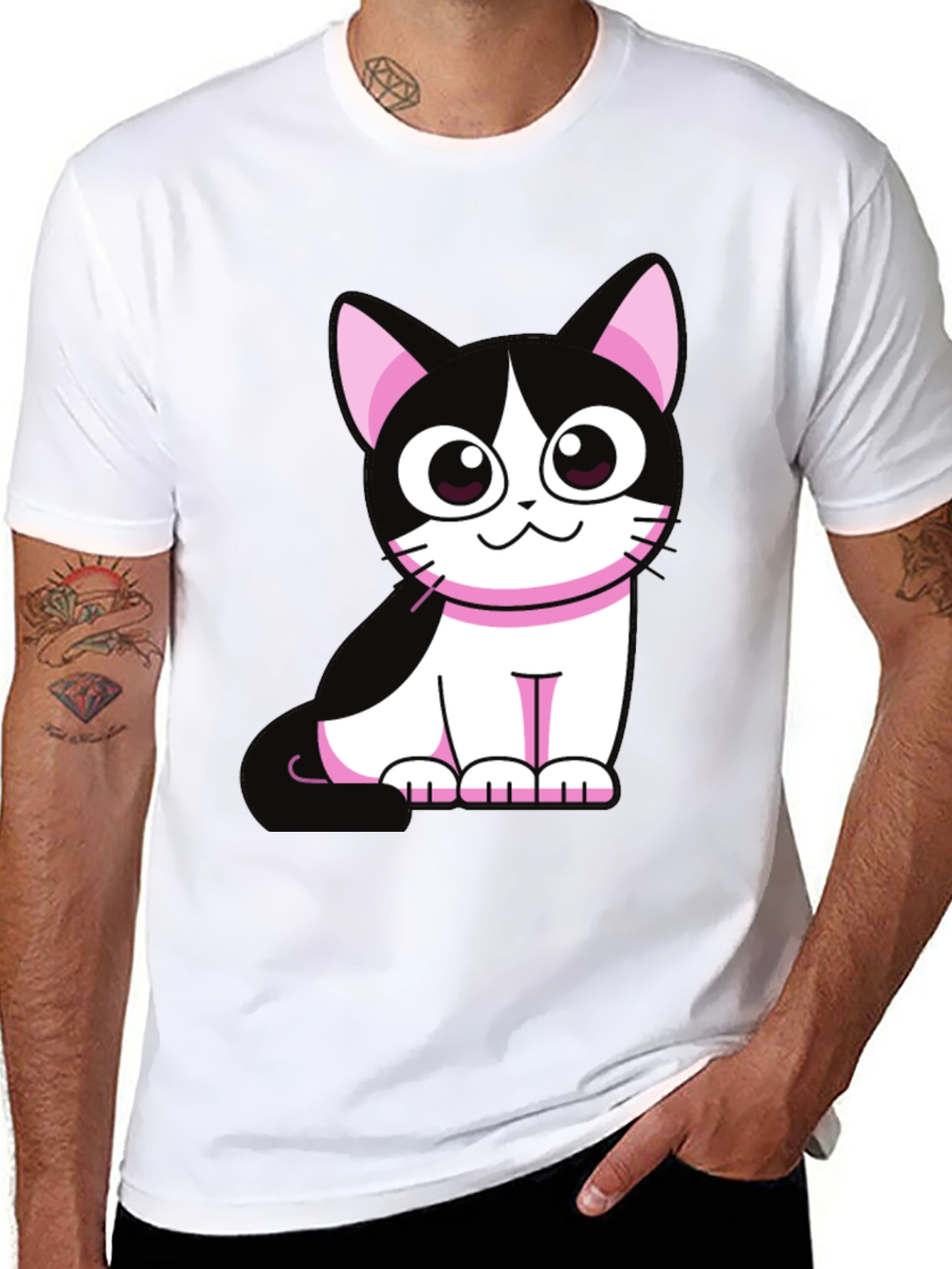 Cute Cartoon Cat Graphic Tee - Black