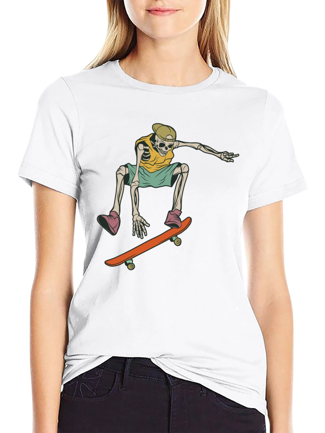 Skateboarding Skeleton Graphic Tee - Trendy Black T-Shirt