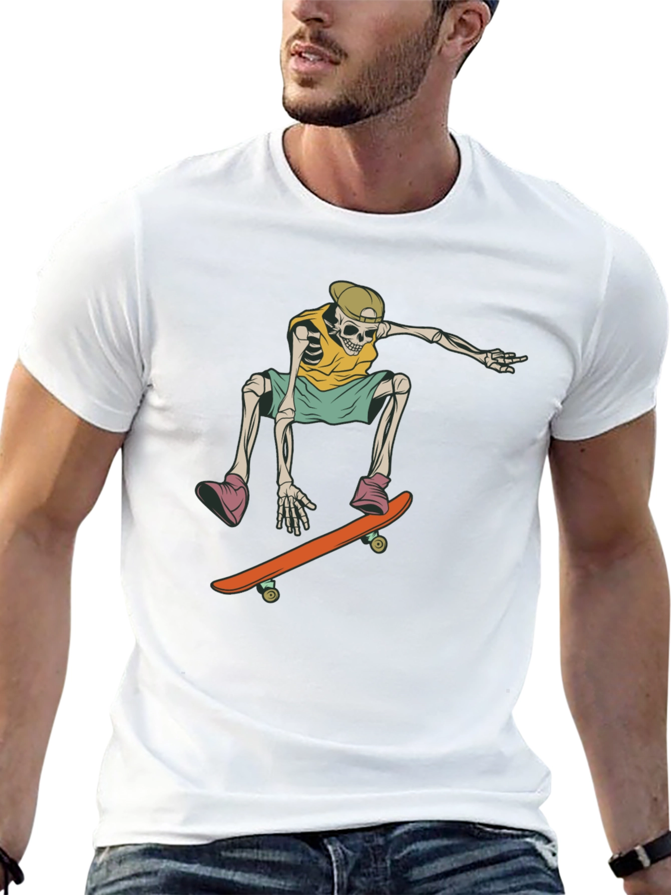 Skateboarding Skeleton Graphic Tee - Trendy Black T-Shirt