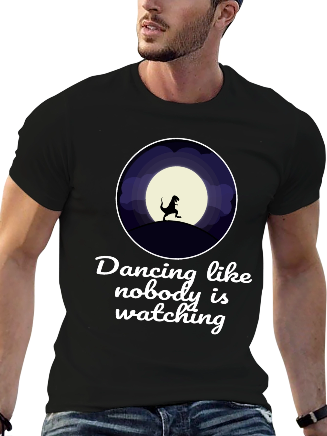 Dancing Dinosaur Graphic T-Shirt - Black Crew Neck Tee