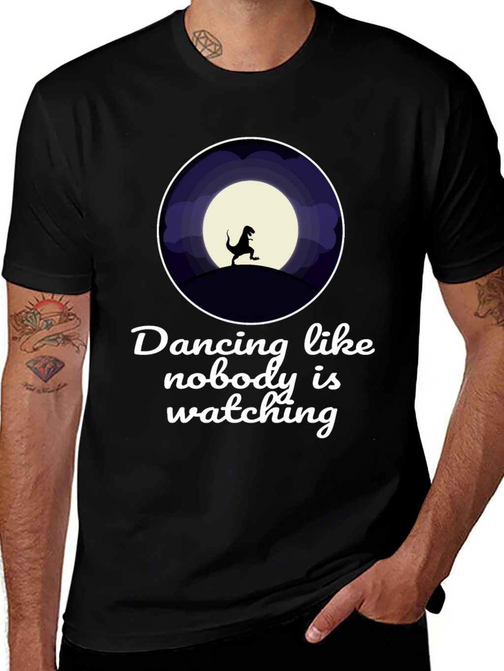 Dancing Dinosaur Graphic T-Shirt - Black Crew Neck Tee