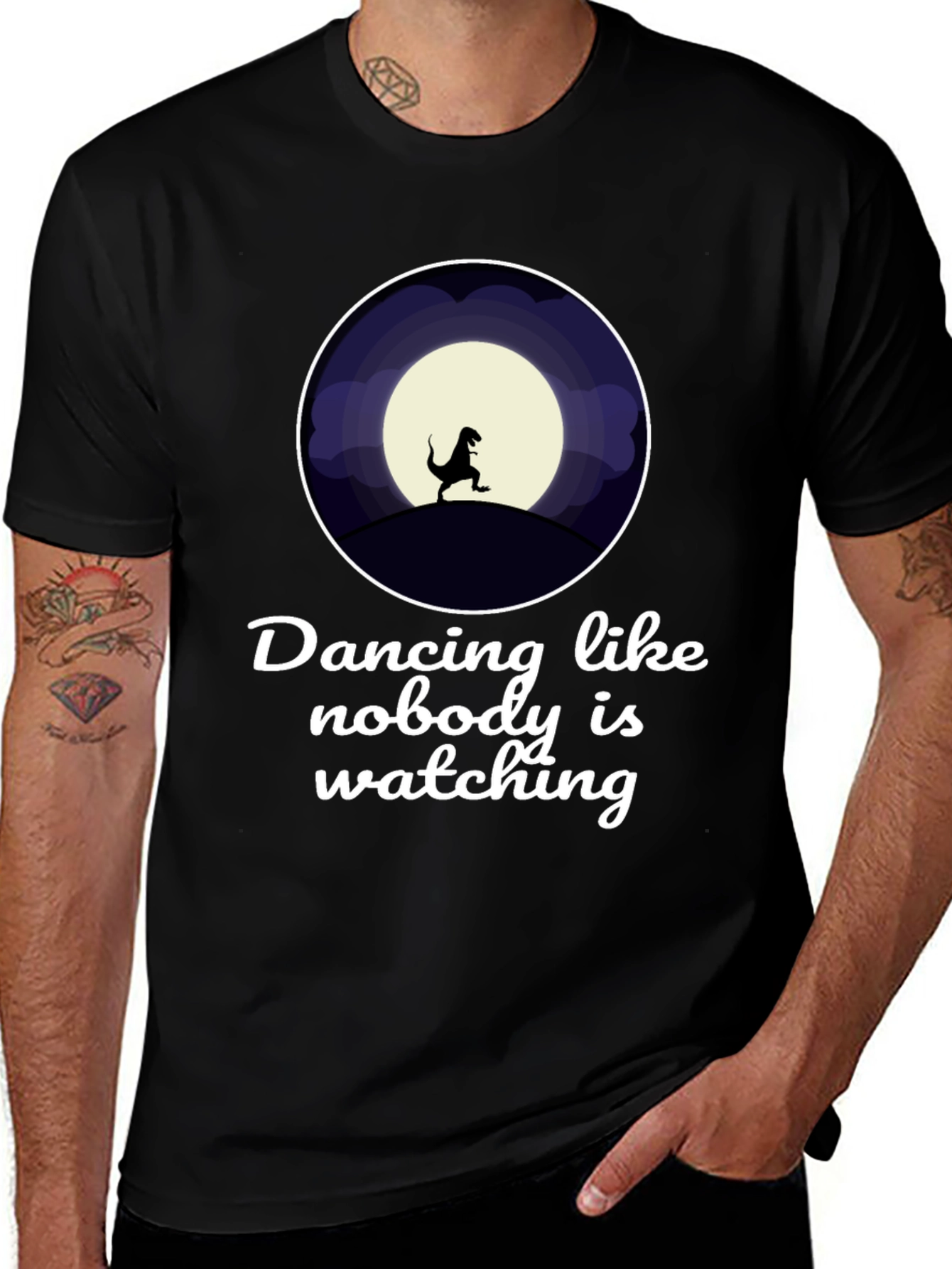 Dancing Dinosaur Graphic T-Shirt - Black Crew Neck Tee