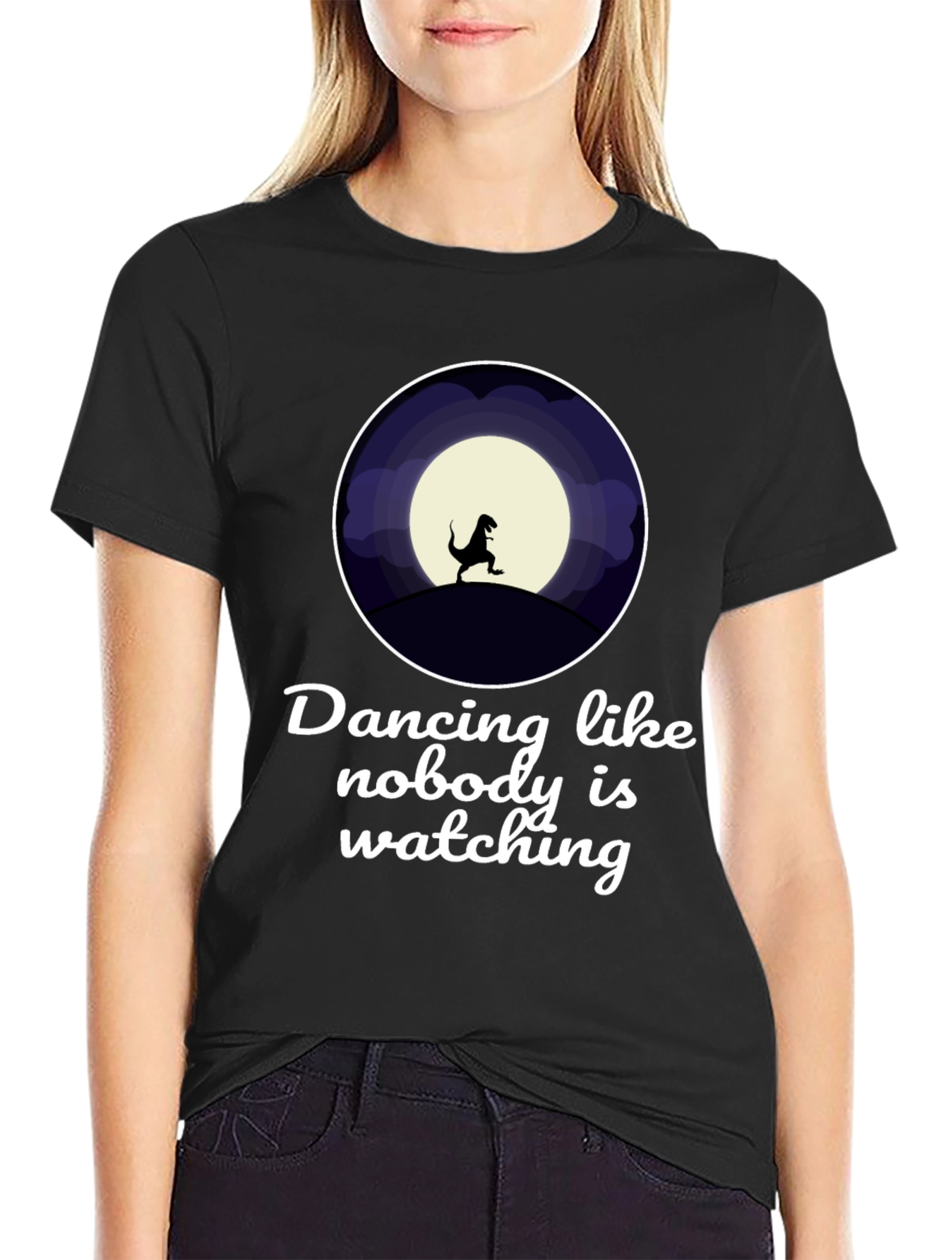 Dancing Dinosaur Graphic T-Shirt - Black Crew Neck Tee