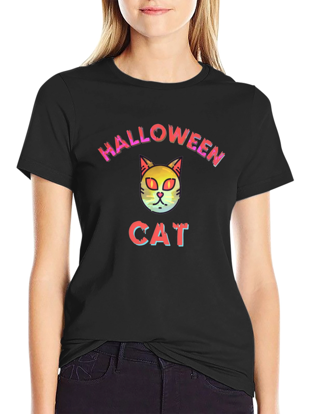 Halloween Cat Graphic Tee - Black