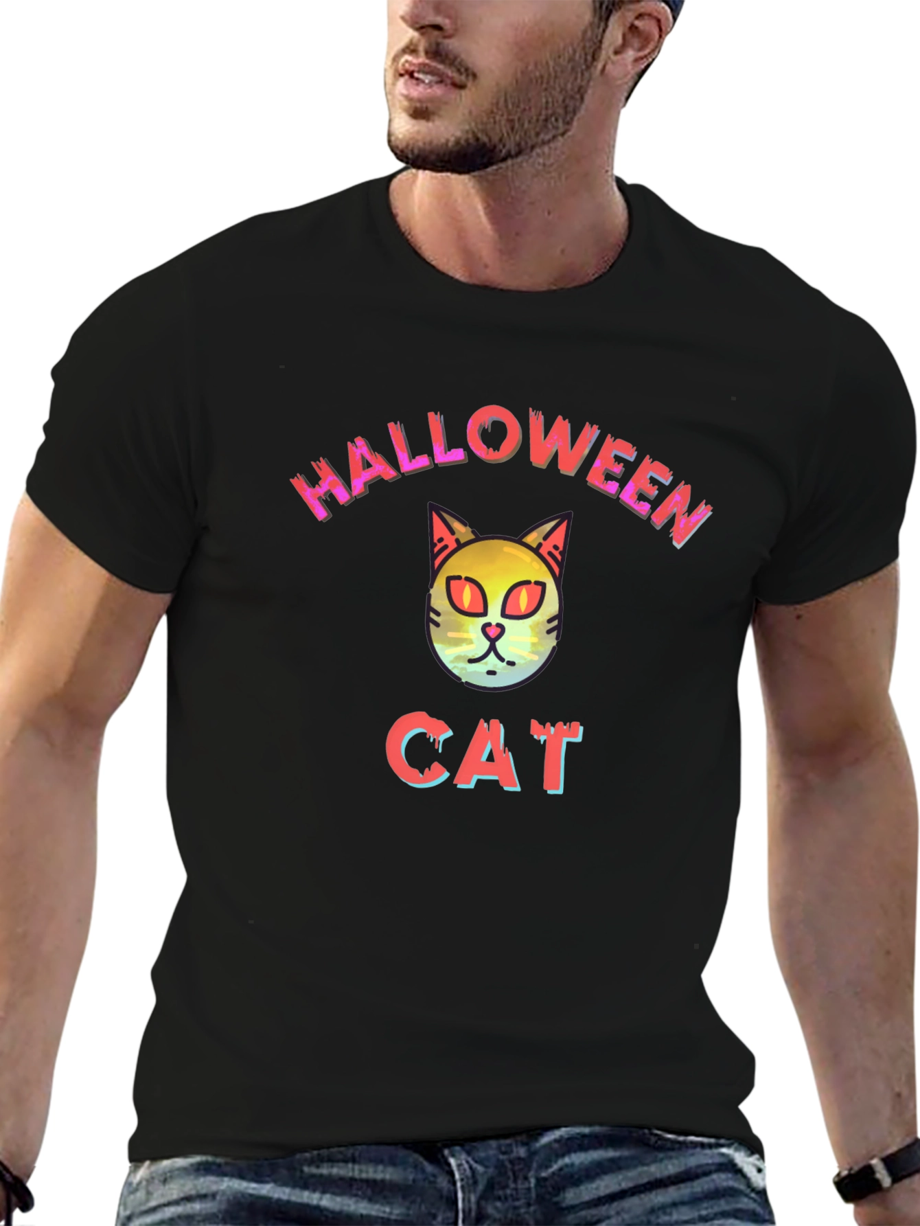 Halloween Cat Graphic Tee - Black