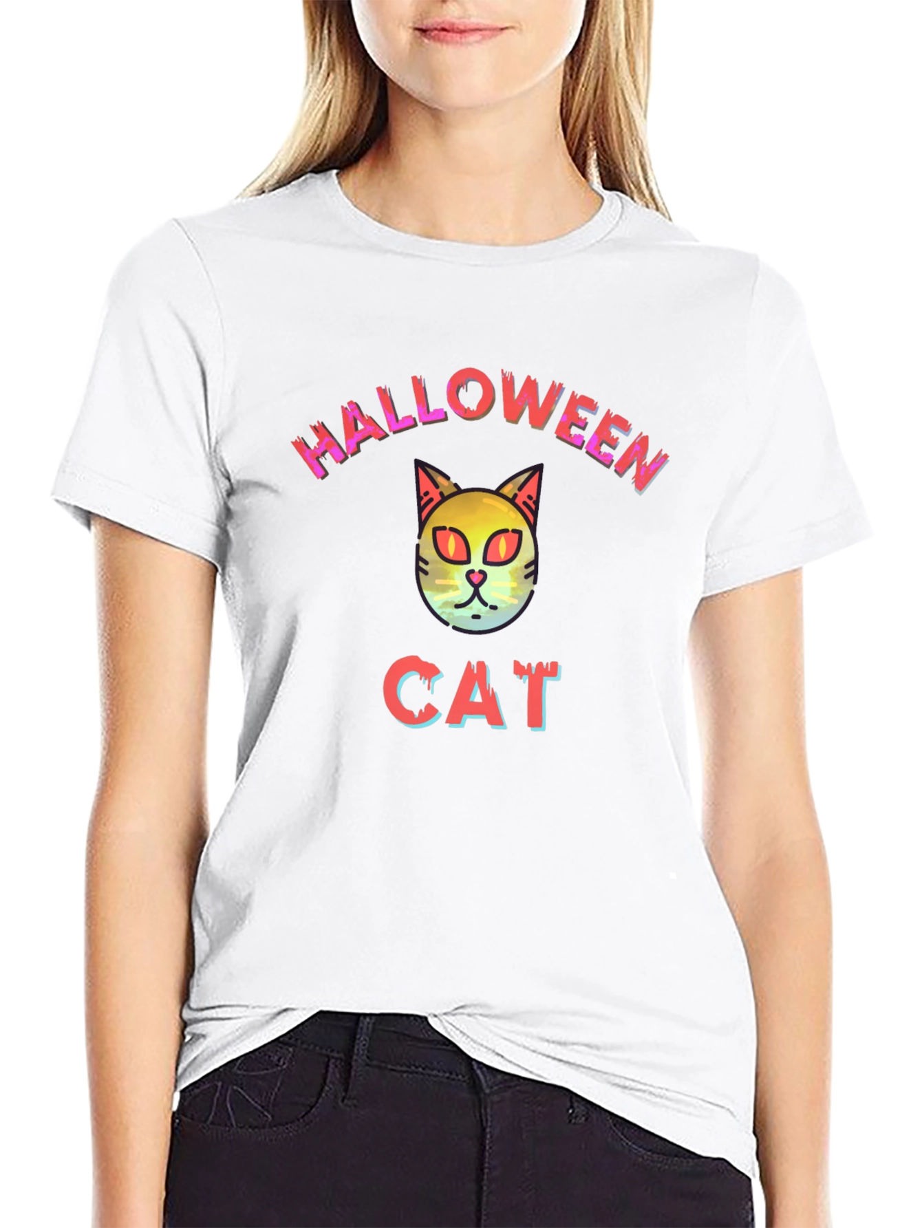 Halloween Cat Graphic Tee - Black