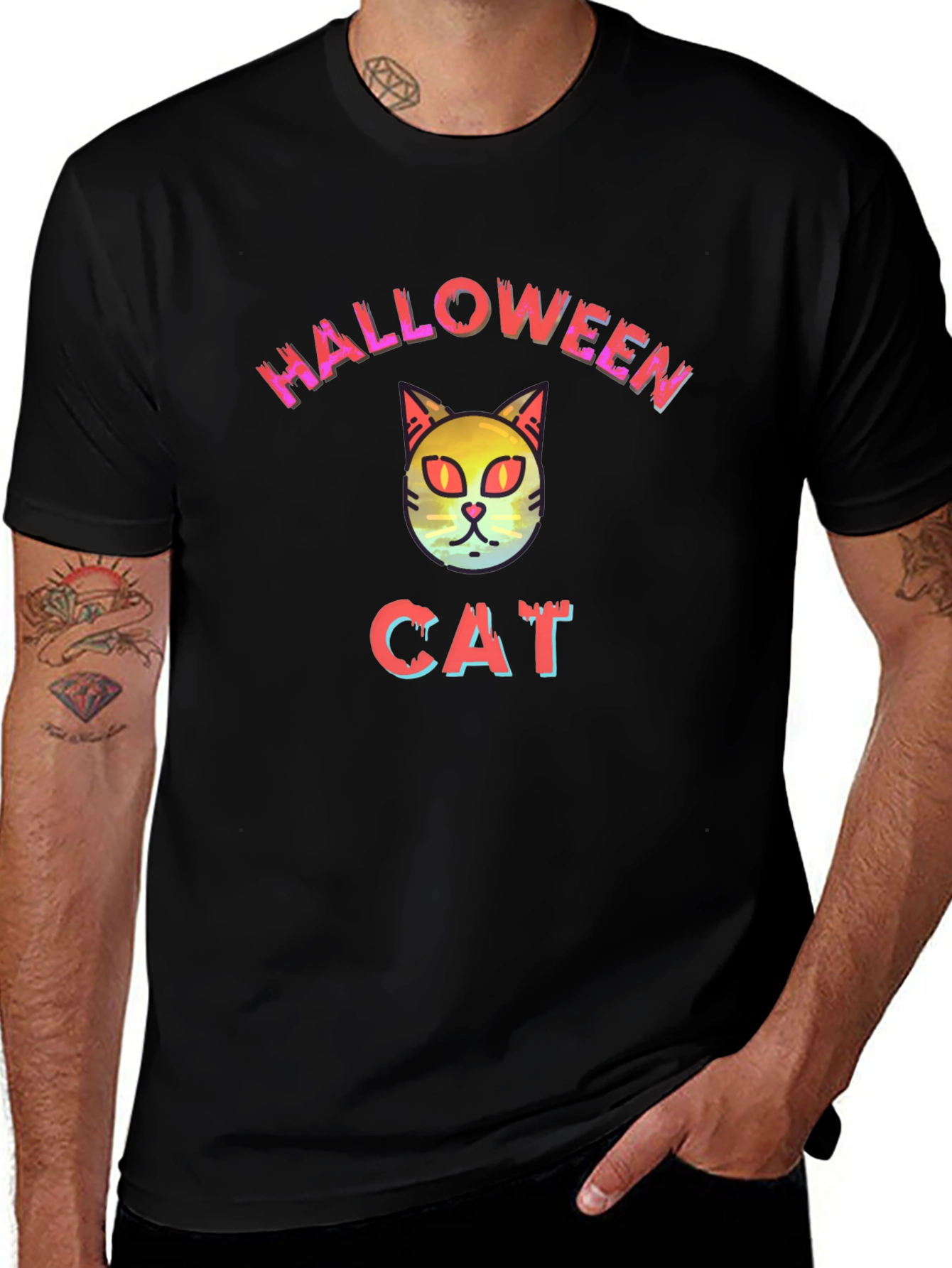 Halloween Cat Graphic Tee - Black