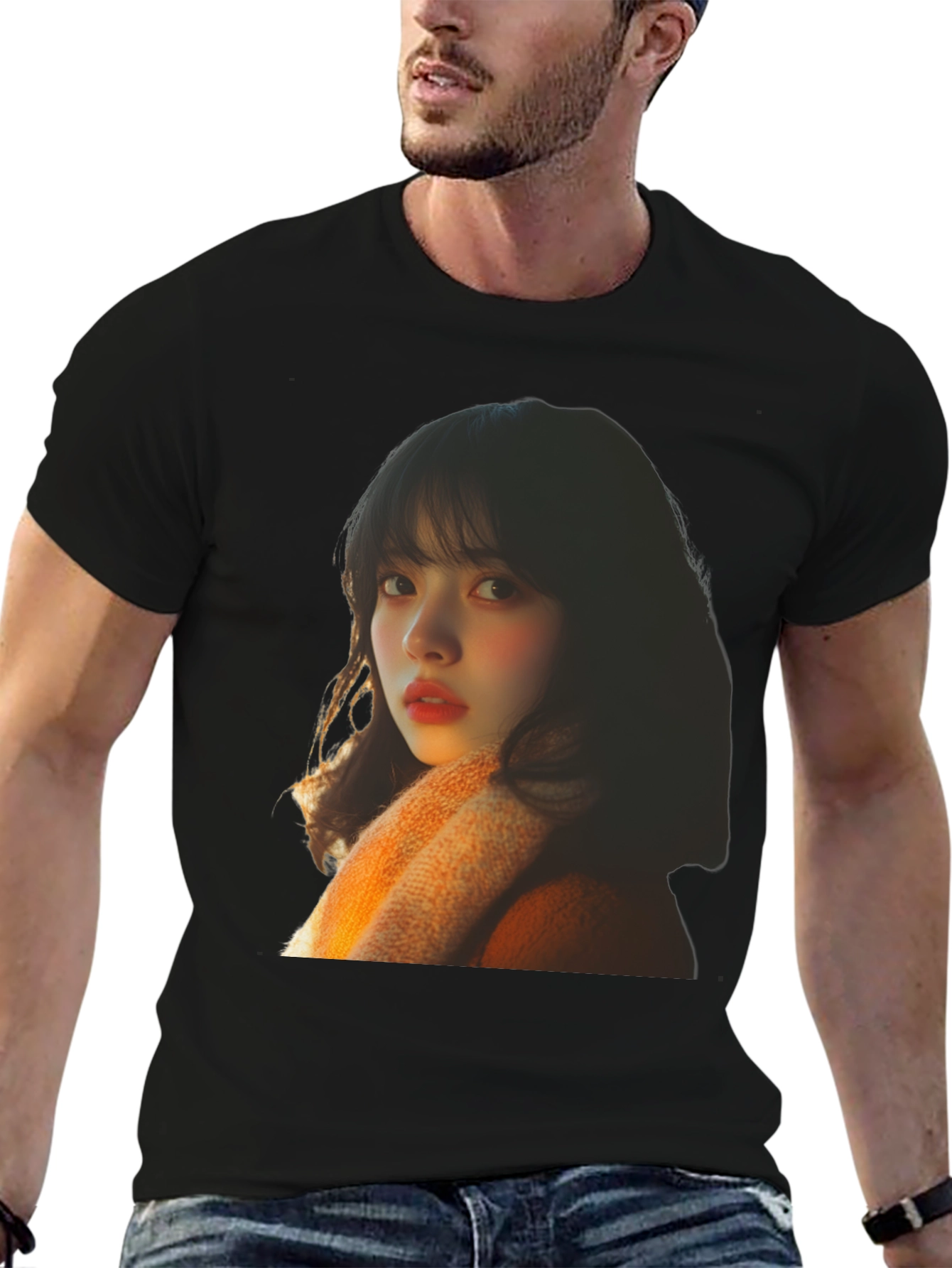 Trendy Black T-Shirt with Portrait Print