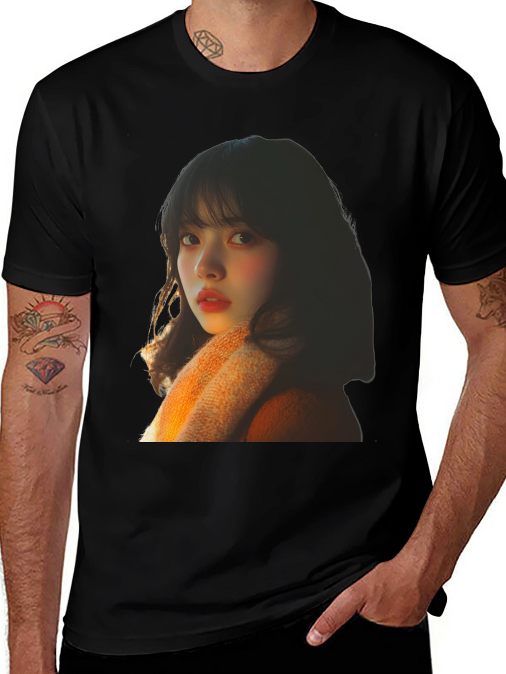 Trendy Black T-Shirt with Portrait Print